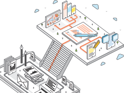 "The Old Way" vs "The New Way" 3d city design illustration isometric modern nitro vector
