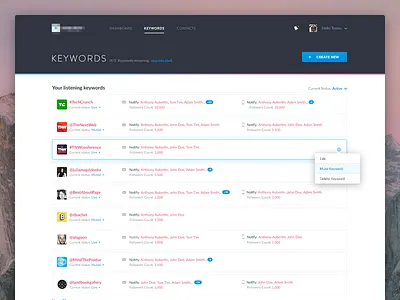 Retweet (keywords list) application dashboard keywords list menu navigation table tweets ui ux