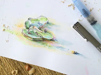 Slippers art beach deleter neopiko4 pen sketch vacation water brush watercolor