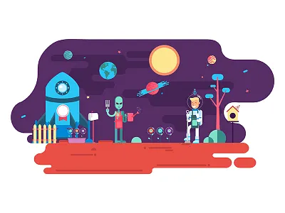 Alien Garden alien astronaut flat garden happy mars planet space star stars sun