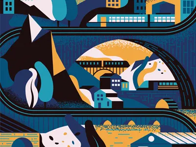 Travel by Train bridge houses lake landscape scenery texture tracks train travel trees vector wind