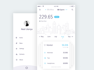 Spent + Sidemenu (Bank app mockups) about app calendar contacts home logout market news settings sidemenu spent ui