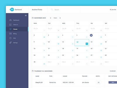 FITZ Gym Classes View calendar classes clean dashboard fitz flat studio table ui