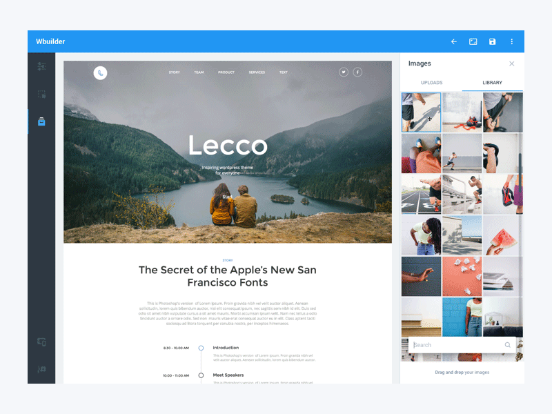 Website builder clean desktop drag drop editor images material material design settings sidebar ui webapp