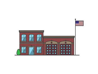 Fire Station building drawing fire fire station firehouse flag garage illustration line tree vector
