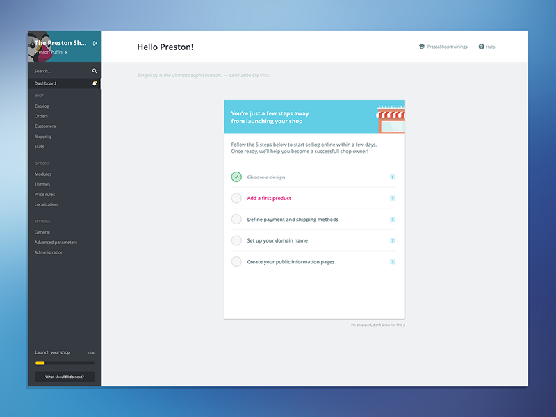 PrestaShop 1.7 checklist ecommerce interface navigation onboarding open source progress shop sidebar ui