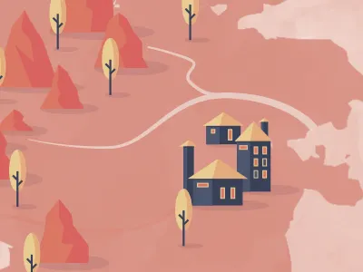 Island buildings illustration island map red river water