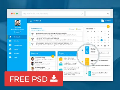Free Education Dashboard calendar dashboard design education event free freebie material message navigation photoshop psd