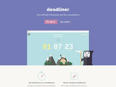 Deadliner - Rails Rumble 2015 Hackathon character countdonw cute dashboard flat github illustration landing page reaper sketch webdesign website