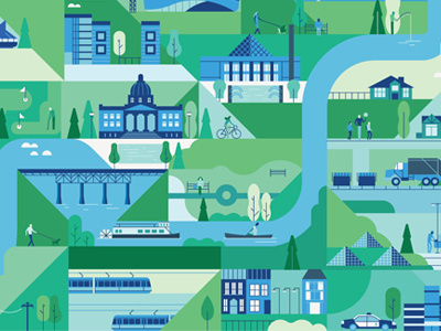 Edmonton bicycle boat bridge buildings car city edmonon map park people river trains