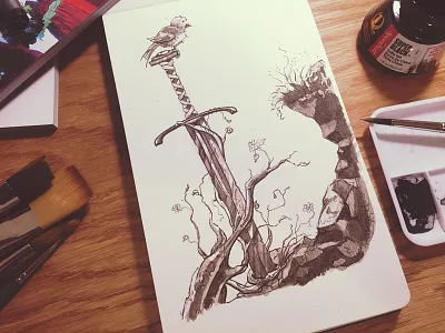 Sword Doodle analog bird doodle excalibur hand drawn ink masamune master sword sword watercolor