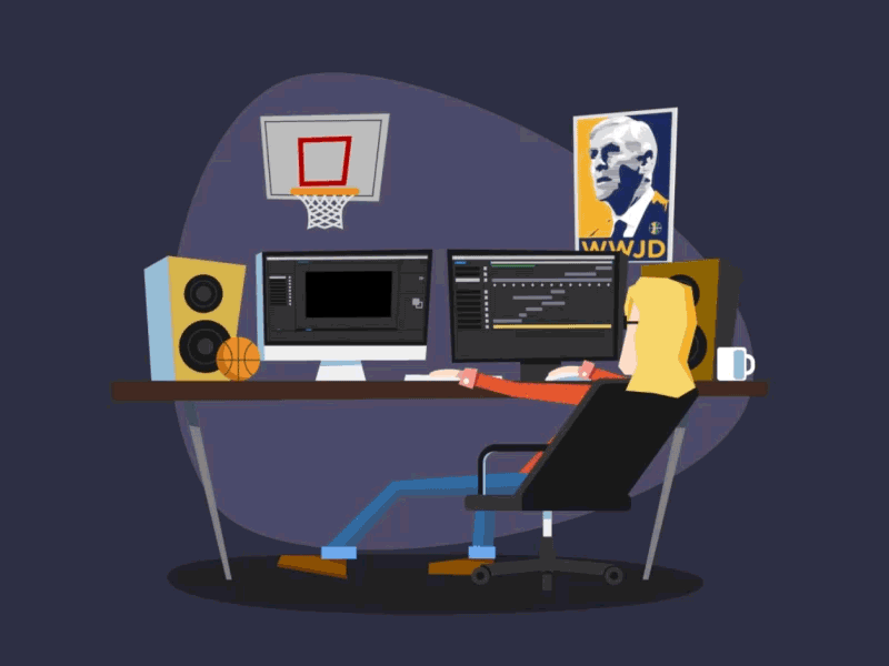 Working after effects basketball behind chair desk loop speakers working