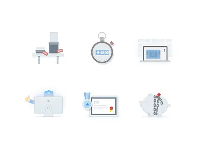 Custom icon set certificate custom icon illustration laptop medal operator pig saving self stopwatch worker