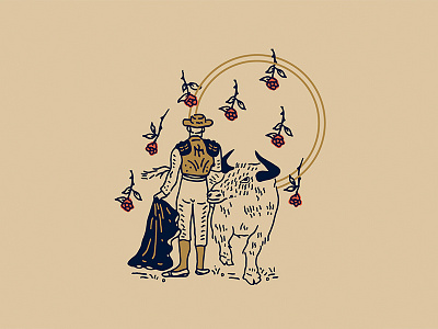 Prizefighter Victory Roses blue bull coffee design gold handmade illustration matador prizefighter red rose type