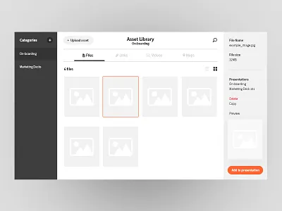 Asset library concept asset categories concept library modal thumbnails ui upload