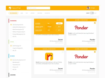 Recommended app cards clean dashboard flat jobs layout results ui ux web