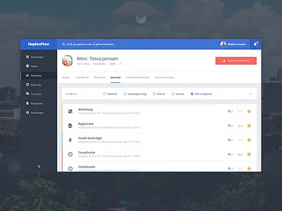 NephroFlow patient journal overview dashboard filter flat heading health items journal list medical sidebar