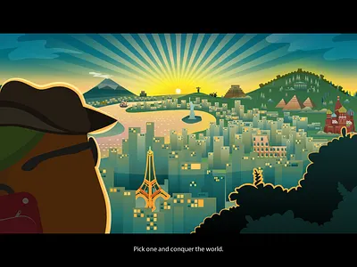 Pick One and Conquer the World. flat hiking illustration landmarks landscape languages mango sunrise view