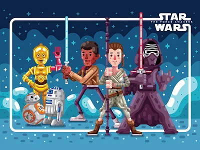 Star Wars postcard animation bb8 c3po character design character study finn illustration kylo ren r2d2 rey star wars the force awakens