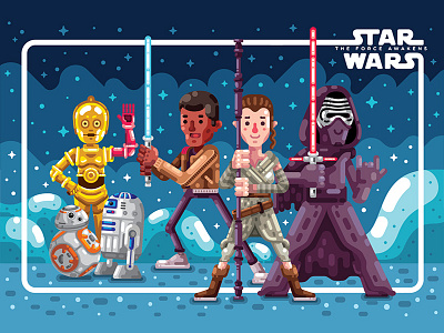 Star Wars postcard animation bb8 c3po character design character study finn illustration kylo ren r2d2 rey star wars the force awakens