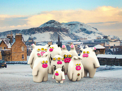 Winter group photo 3d character creatures edinburgh illustration monsters