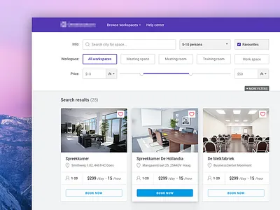 Workspaces listing filter interface listing meeting room price range search selector tiles ui ux webdesign workspace
