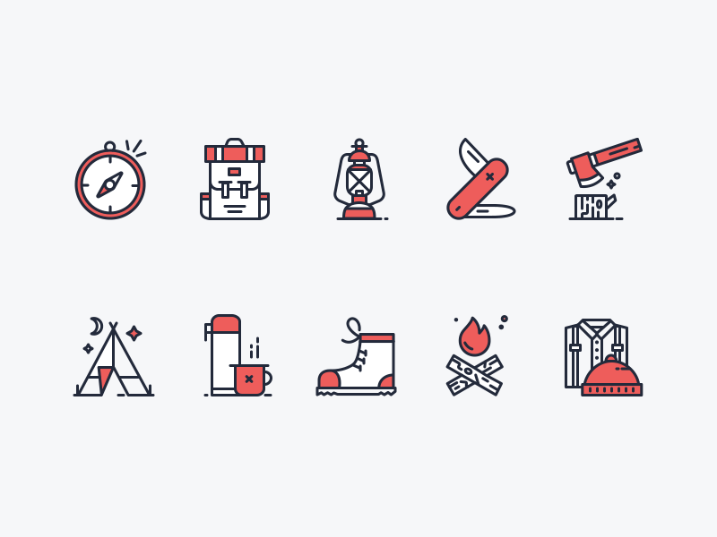 Little Lumberkjack Icon Set ax backpack boot fire pit iconography icons illustration knife lumberjack plaid tent timber