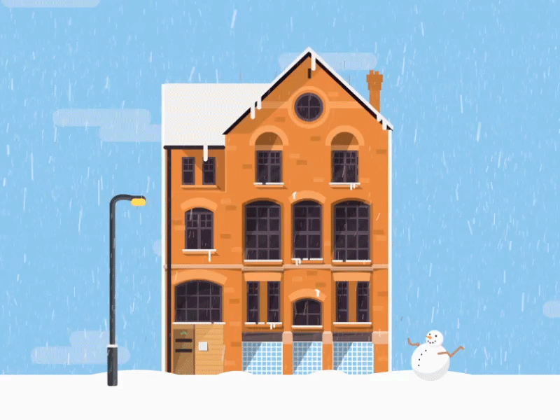 Boardwalk, Manchester Christmas Snow boardwalk building christmas flat gif manchester office snow snowman studio vector winter