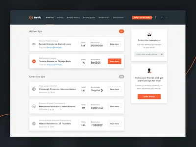 Betify Free Tips Page bookmaker tips unit minimal clean web design online betting website red black white responsive design service landing page sport bets user experience user interface ux ui win betting invoice