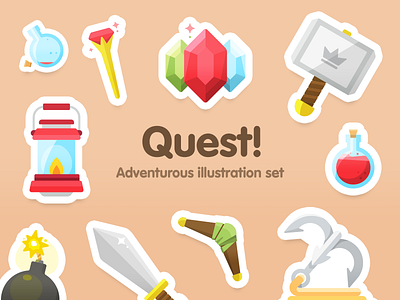 Quest! illustration set bomb chest diamonds fantasy illustration lantern magic potion quest sorcery sword