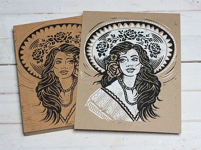 Maria La Rosa - Kraft Block print art block print design illustration linocut linoprint mexican mexico seniorita sombrero