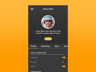 20 Days Sketch UI Contest #day007 - Settings app dailyui design flat material music app music app ui profile profile settings settings settings page settings ui sketch streaming app ui user ux winamp