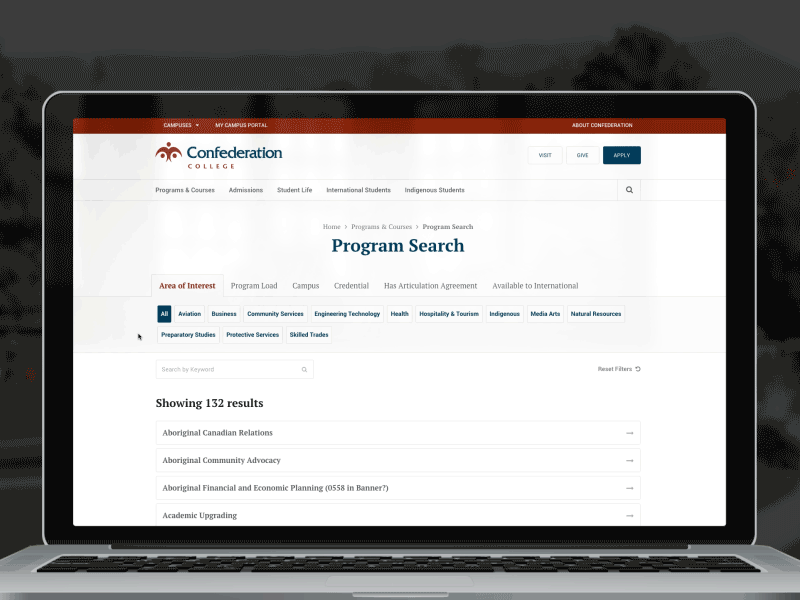 Program search page college education filters list listing programs search ui ux webdesign website