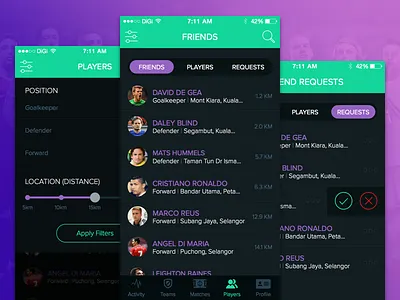 Friends & Players List app filters fitness friends list futsal ios mobile player requests social network sports