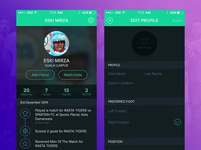 User Profile app empty state fitness futsal ios mobile player social network sports ui user interface user profile