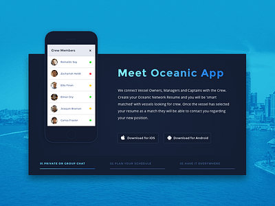 Oceanic Network blue card crew design gradients landing management page sea ui vessels water