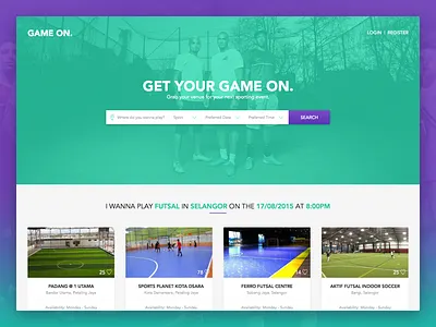 Game On airbnb booking app cards futsal landing page search bar soccer sports