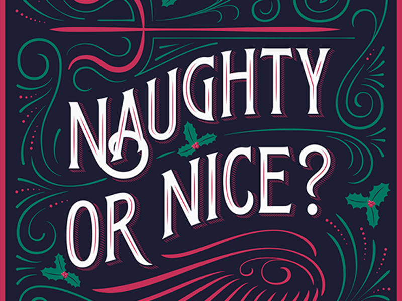 naughty or nice angel christmas devil flourishing holly illustration lettering pitchfork vector victorian wings