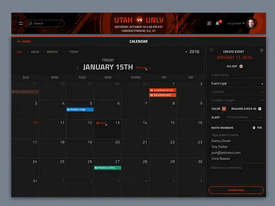 Calendar Scheduling App calendar dark dashboard dates day month reminder schedule sports ui ux week