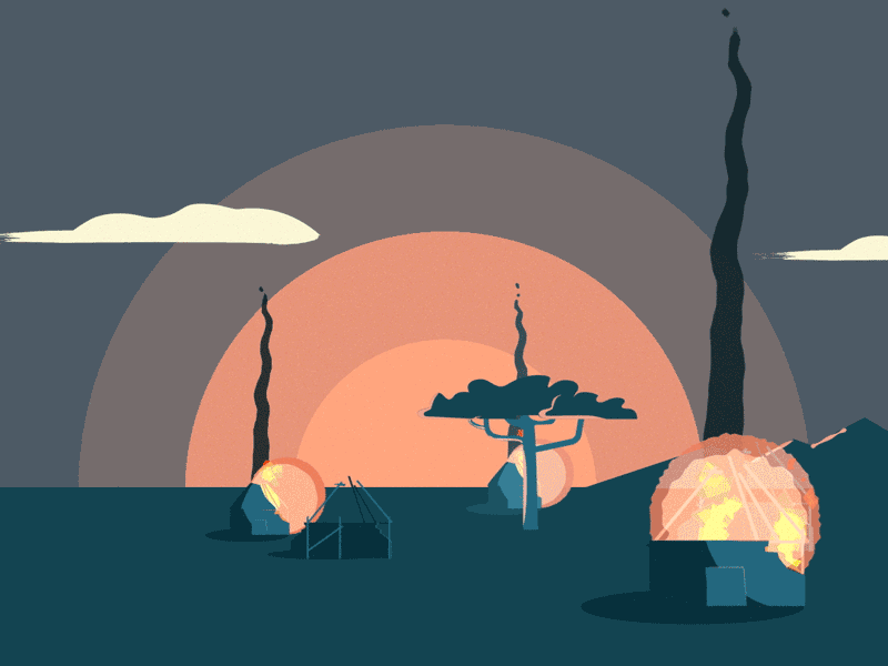 Camp on fire 2d africa animation fire gif illustration motion design smoke sunset tree