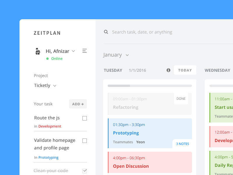 Zeitplan Menu animation application board desktop flat interaction motion navigation notification productivity sidebar todo user web design