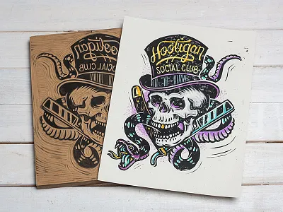 Hooligan Social Club - Block Print art block print design hooligan illustration linocut linoprint skull snake social club tophat
