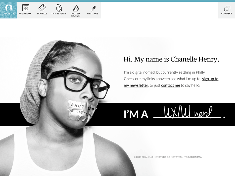 Chanelle Henry Landing Page v33 black black and white branding design green homepage icons landing page navigation personal branding ux white