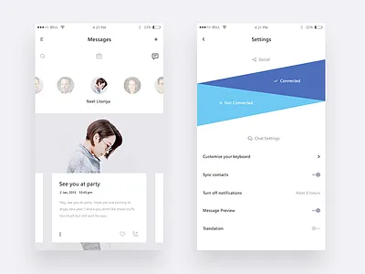 Demo screens for a chat app app chat contact keyboard like message neel settings ui