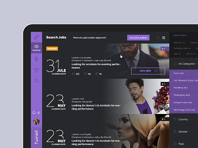 Twinkll website artist dark dashboard homepage model notifications responsive social ui ux web webdesign