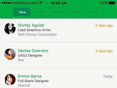 Candindate list by hiring stage iOS green hiring ios segmentedviewcontroller tableview