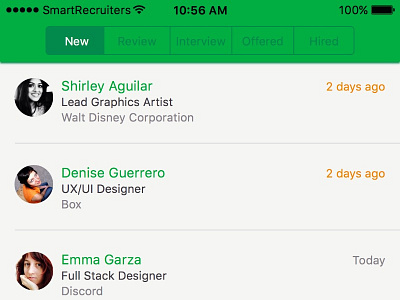 Candindate list by hiring stage iOS green hiring ios segmentedviewcontroller tableview