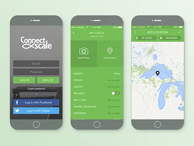 Connect Scale app 2 action fish flat food green ios login map ui ux