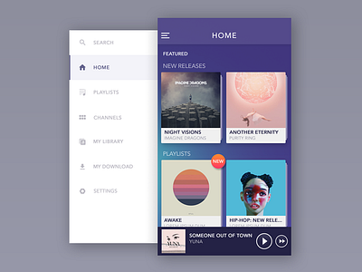 Side Menu & Home Screen android music download ios feed sound home minimal ahmedabad menu player news app profile simple search album side mobile