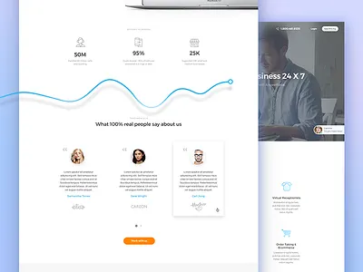 Redesign business call client cta flat homepage navigation stats support testimonial ui web